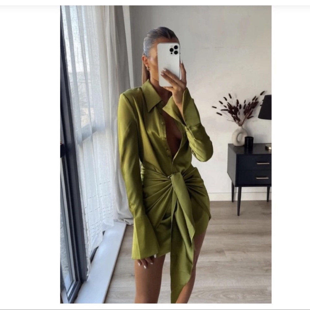 Bali Lime Naha Draped Sexy Mini Shirt Wrap Ruched Mini, Button Down Satin Dress - Picture 4 of 8